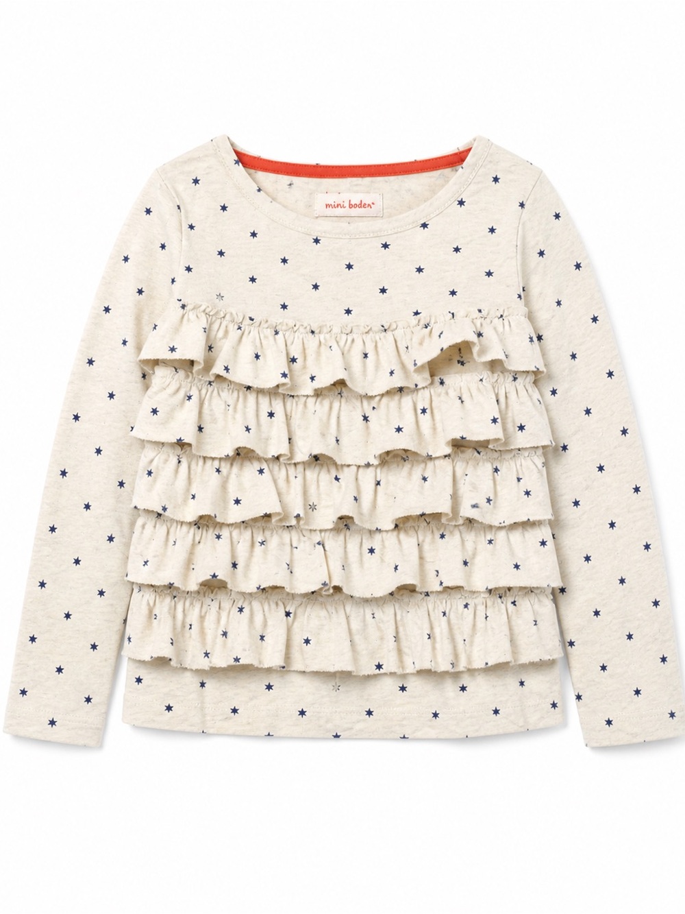 Mini Boden Ruffle Star Print Top Size 5/6 Cream Long Sleeve Shirt
